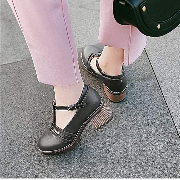 NEW XBAO Black T-Strap Ankle Mary Jane Platform Oxford Block Heel Chunky Heels - Picture 5 of 6